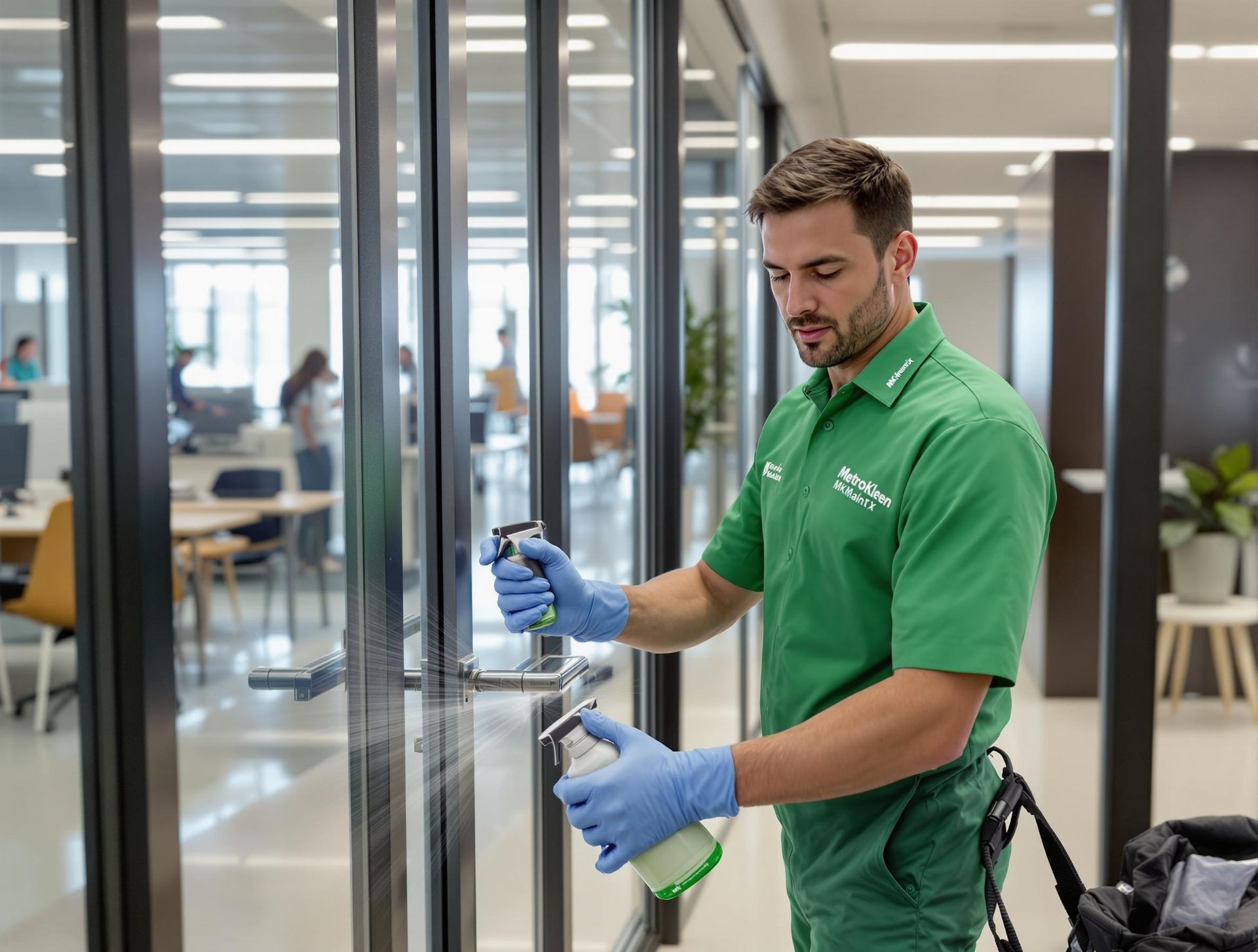 Person in green uniform cleaning a glass door with spray in a modern office environment.