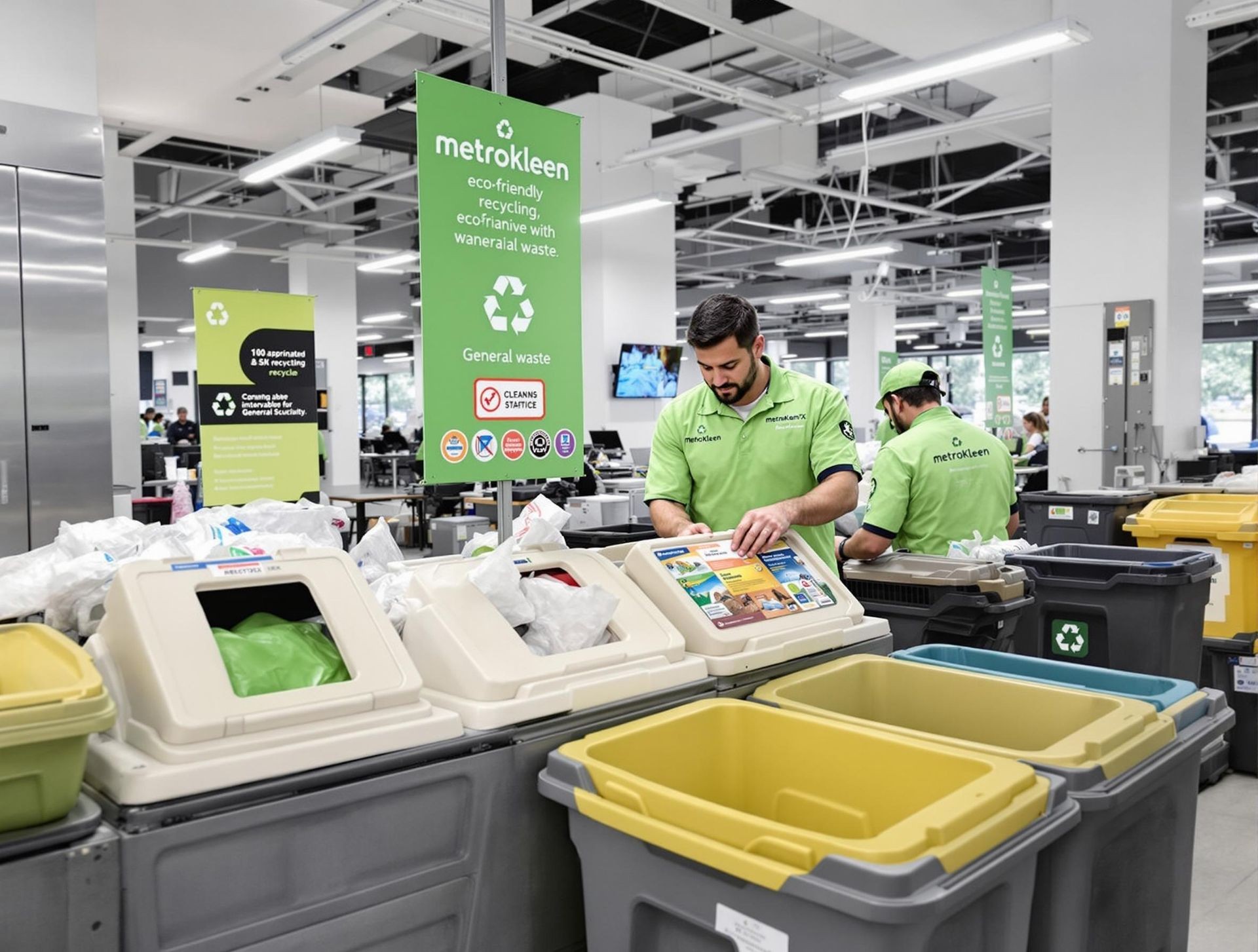 Employees sorting recyclables at a metrokleen recycling station with various colored bins indoor.