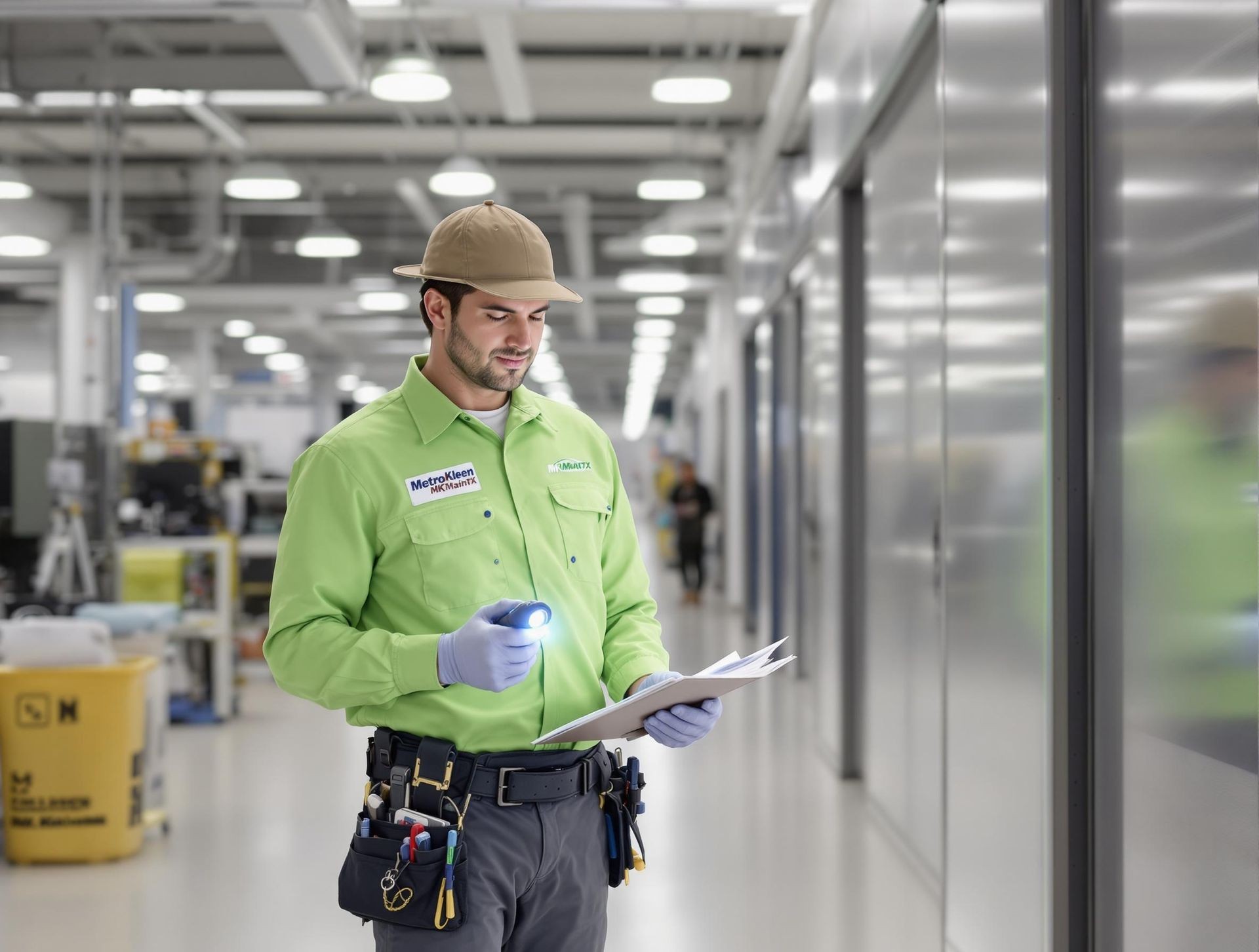 Worker in green uniform examining checklist with flashlight in a modern industrial facility.
