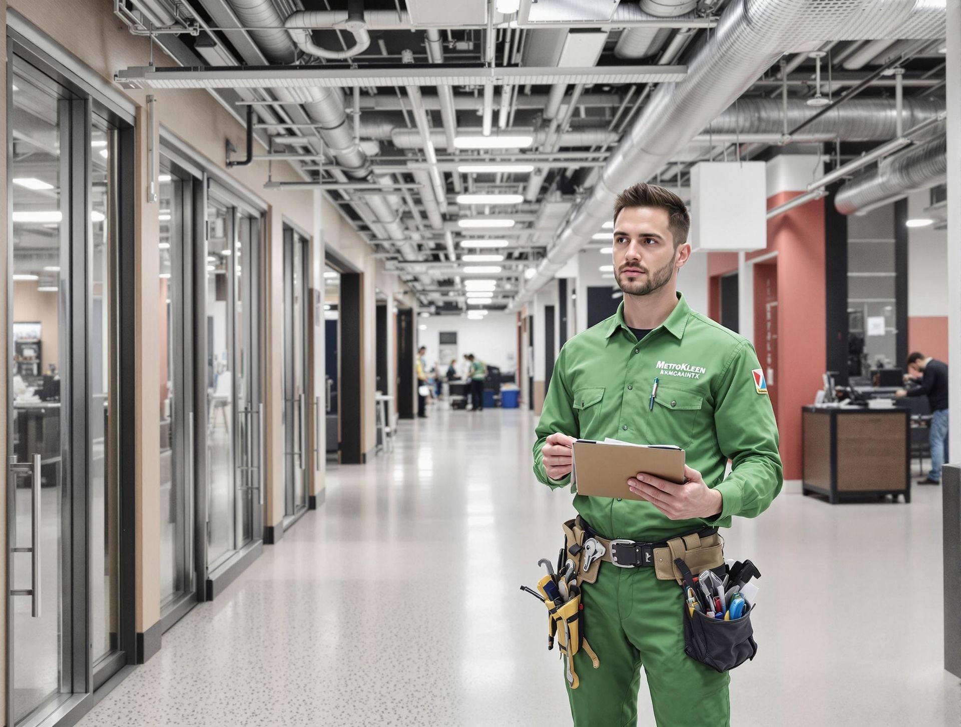 Man in green uniform with tools, holding clipboard, standing in a modern office hallway.