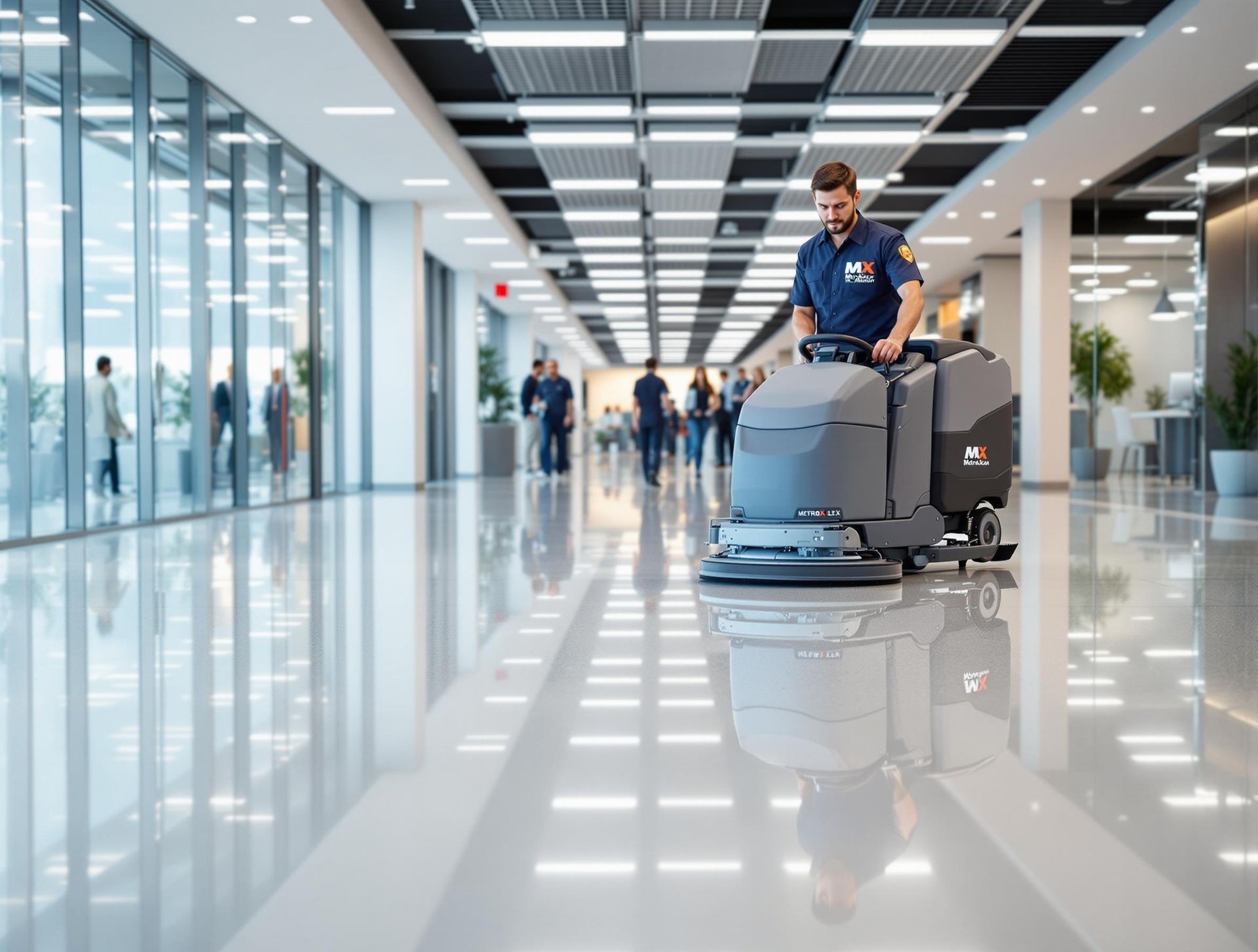 Person operating a floor cleaning machine in a modern, bright hallway with glass walls and reflecting lights.